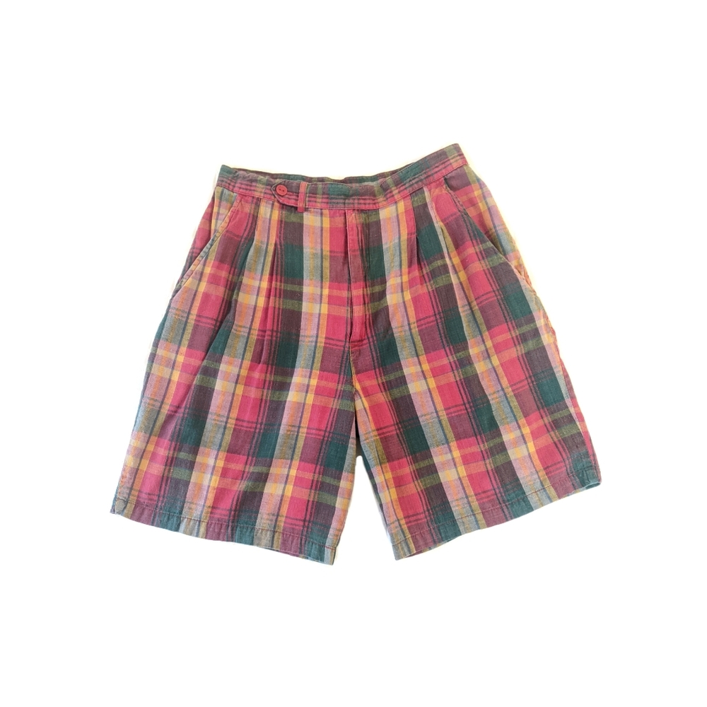 Vintage 90s High Rise Pleated Plaid Bermuda Mom Shorts